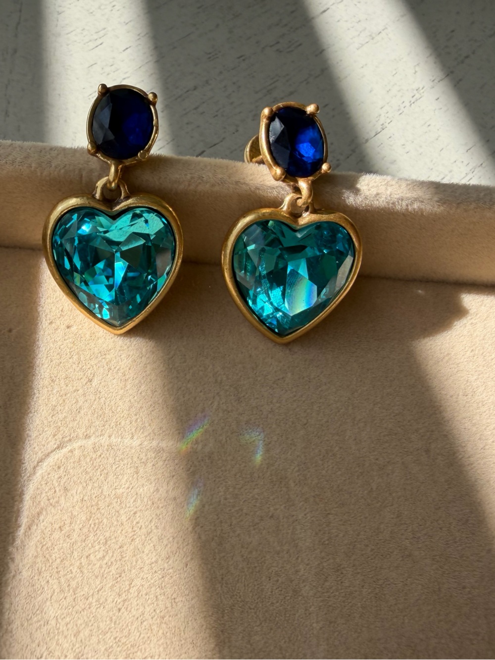 Gold-Tone Blue Heart Drop Earrings with Teal and Sapphire Stones